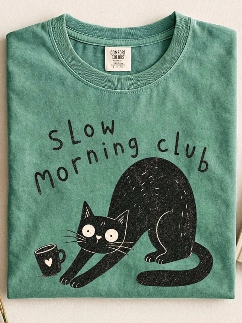 Slow Morning Club Funny Black Cat Tee, Coffee Lover Cat Comfort Color T-Shirt